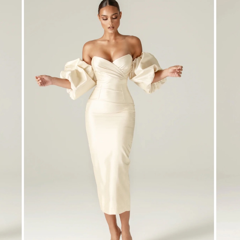 ALIEVA TIFFANY DUPIONI PUFF SLEEVE MAXI DRESS (BEIGE)